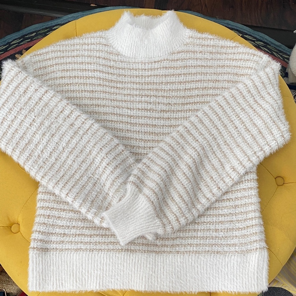 Liz Claiborne Cream and Sparkling Gold Striped Turtleneck Sweater